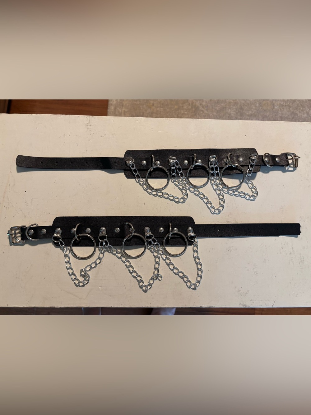 Black Leather Chain Ring Belt - Set of 2